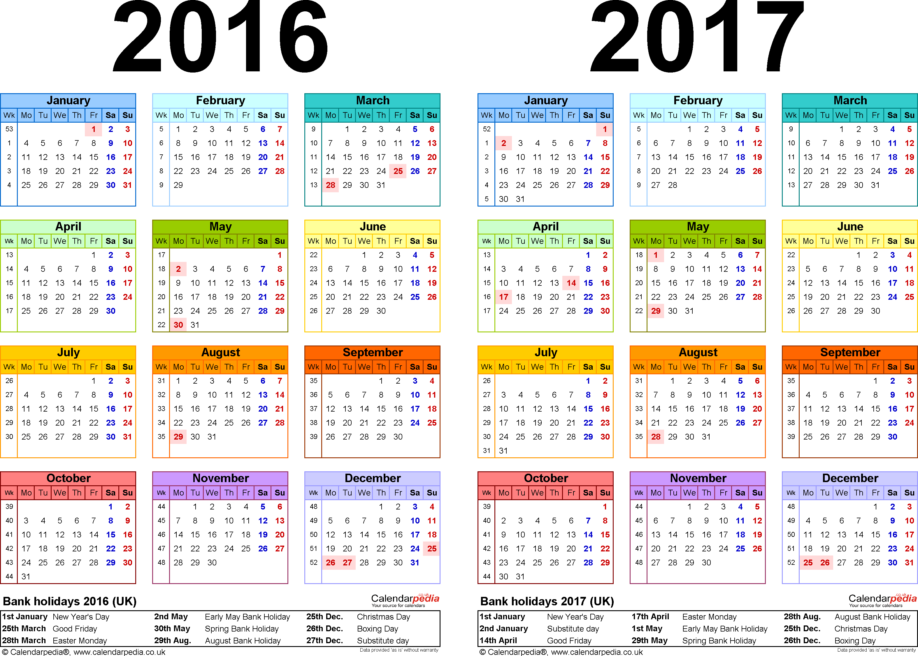 Two year calendars for 2016 & 2017 (UK) for PDF