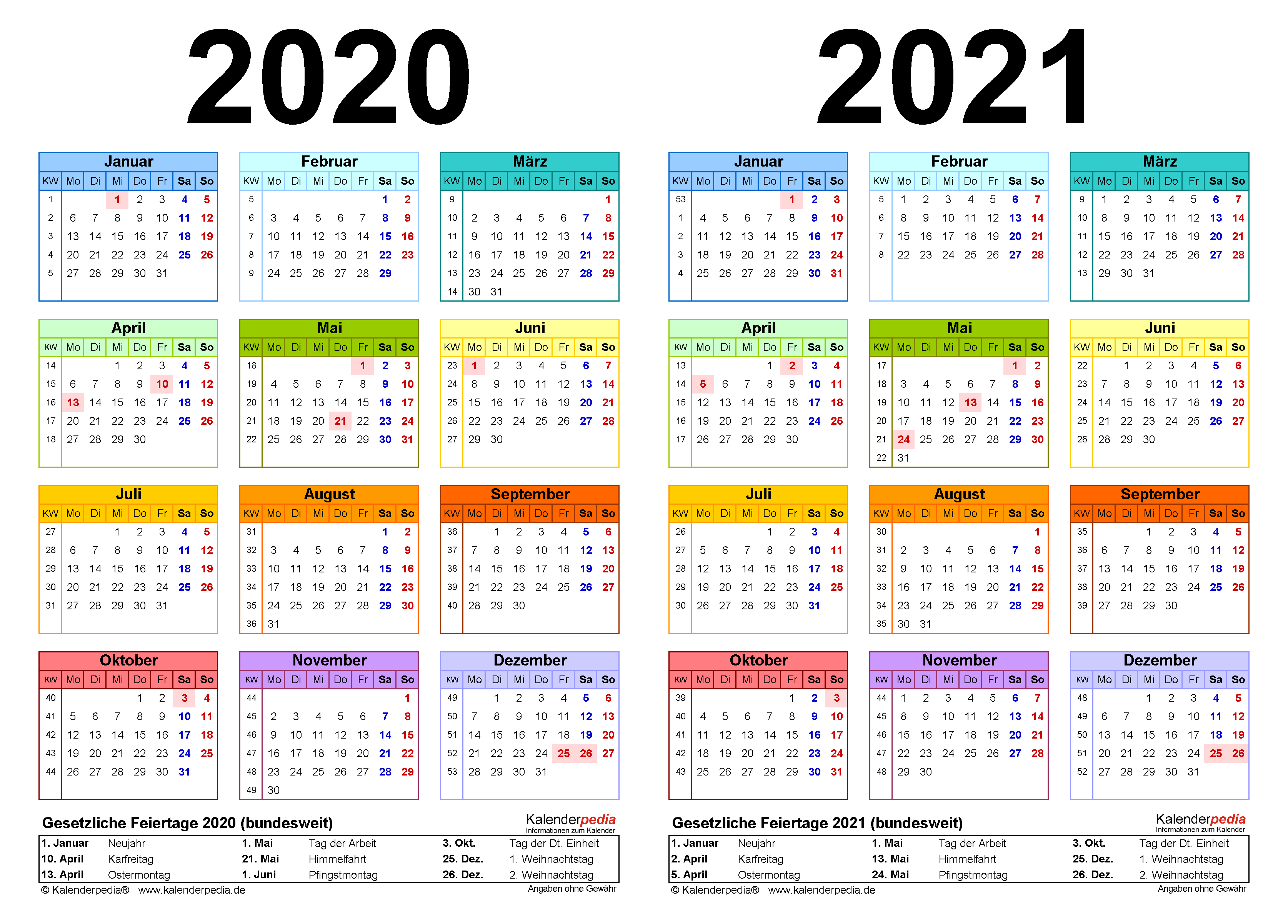 Zweijahreskalender 2020 und 2021 als Word-Vorlagen zum Ausdrucken